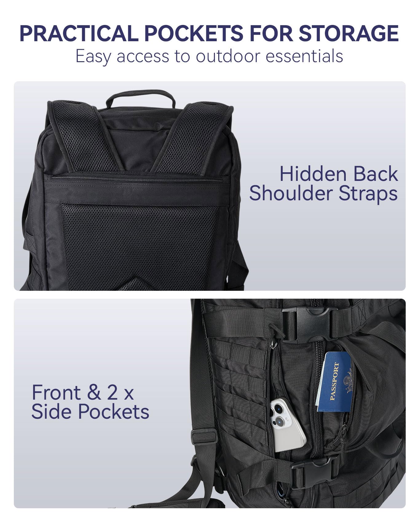 Arxus Sac à Dos Tactique 60L, Grand Sac de Voyage pour Homme Femme, 3-en-1 Backpack Bagage à Main Crossbody Bag pour Outdoor Randonnée Camping Trekking, Noir