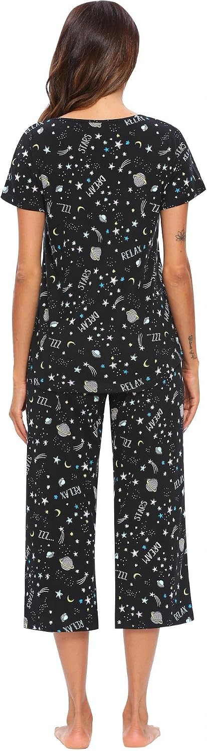 ENJOYNIGHT Womens Pajama Set Cotton Short Sleeve Top With Capri Pants Pj image 2
