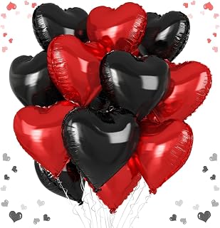 Red Black Heart Balloons, 12PCS 18 Inch Red and Black Heart Shape Balloons