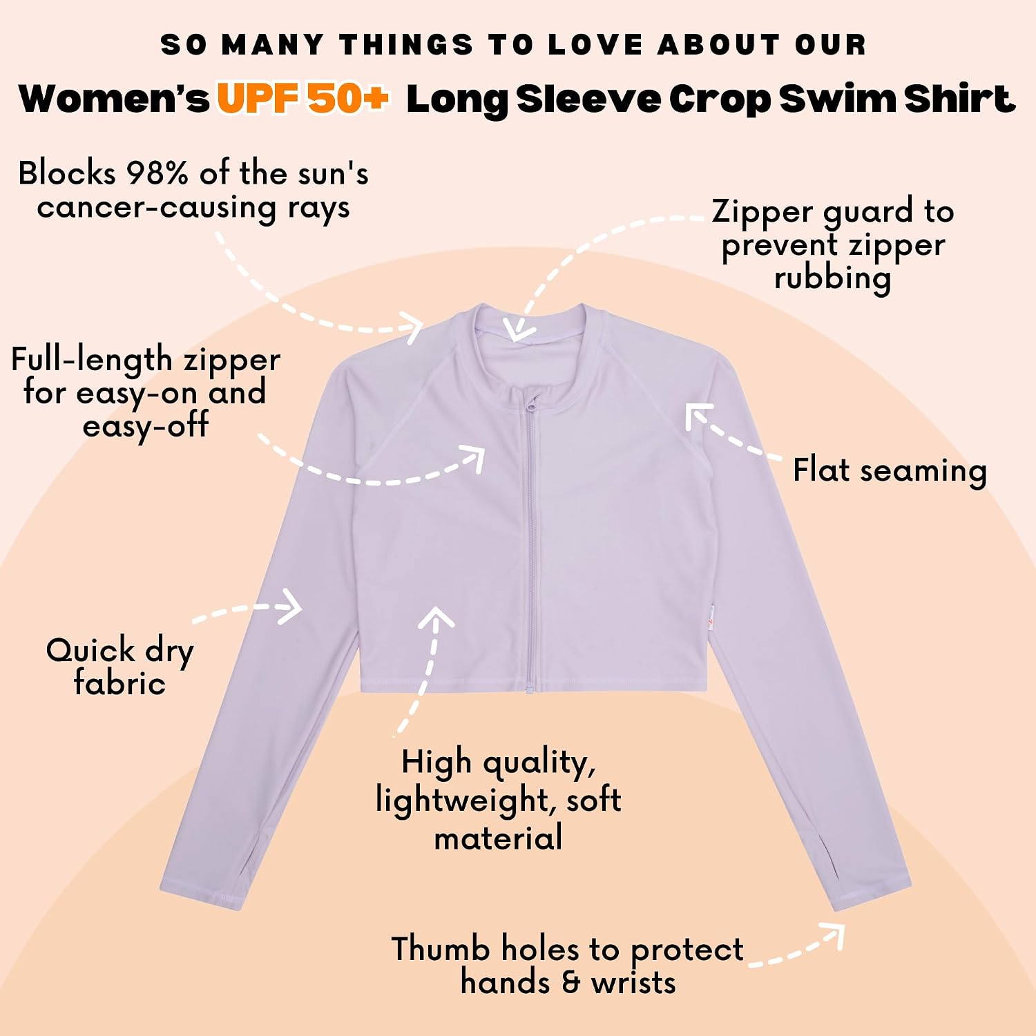 SwimZip Women's Long Sleeve Crop Top Rash Guard Swim Shirt - UPF 50+ with Zipper