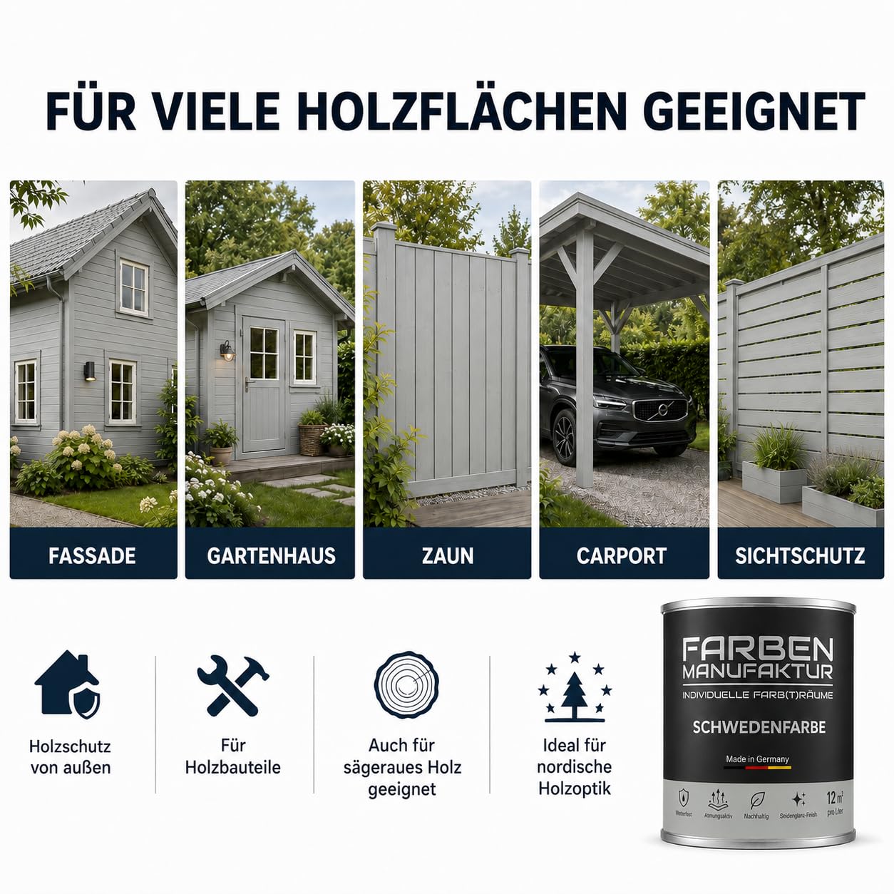 Schwedenfarbe Holzfarbe Außen Wetterfest – Holzschutzfarbe für Fassade, Gartenhaus, Zaun & Scheune – Diffusionsoffen & Nachhaltig Wetterschutzfarbe 1/2/5L, Größe: 5L, Farbe: Schweden hellgrau