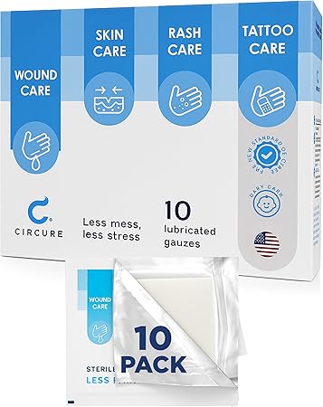 Circure Sterile Gauze Pads – Pre-Lubricated Non Stick Gauze Pads with Petroleum Jelly – Soft Cover for Sensitive Skin, Rash Comfort, Post-Procedure & Post-Tattoo Skin Protection – 10 Count
