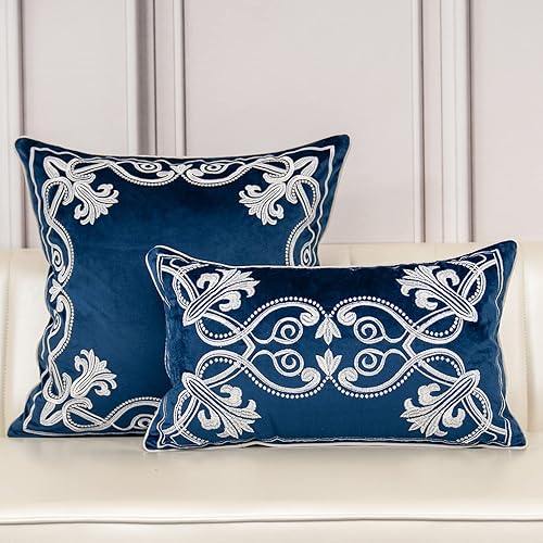 Miniatura 7 de Aeckself Funda de almohada floral europea de 16 x 16 pulgadas, funda de almohada decorativa bordada de terciopelo de lujo para sofá, dormitorio,