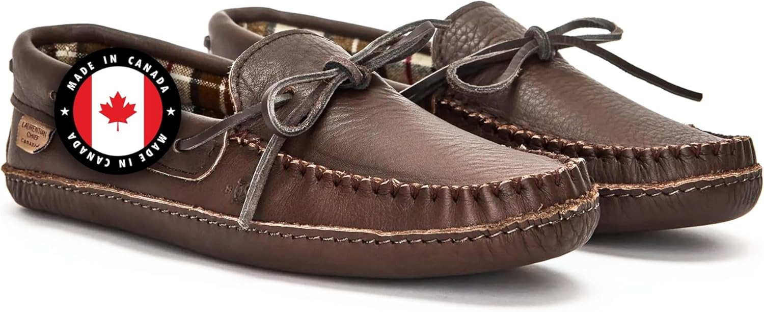 Laurentian Chief Leather Moccasins for Men – Stylish Mens Moccasin Slippers with Plaid Insole Lining, Comfortable Indoor Shoes, Single Lacing, Durable Leather Sole, Made in Canada