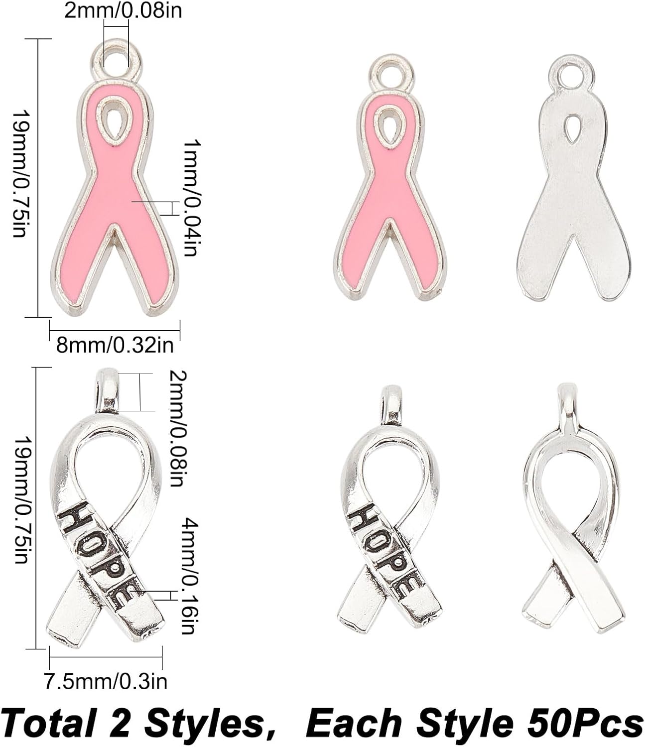 SUNNYCLUE 1 Box 100Pcs 2 Style Ribbon Charms Breast Cancer Awareness Charms Bulk Pink Silver Ribbon Breast Cancer Hope Pendants for Jewelry Making DIY Earrings Bracelet Necklace - Image 2