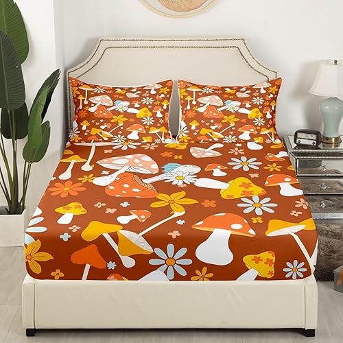 Miniatura 3 de Juego de ropa de cama infantil retro hippie de los años 60 y 70, tamaño individual, estampado de hongos y flores groovy, para decoración de