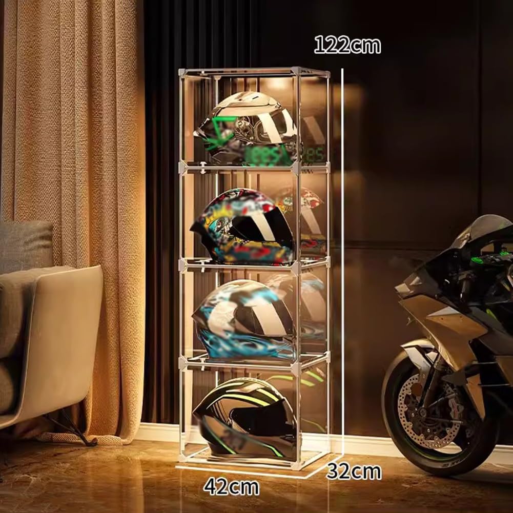 Vitrine de casque avec éclairage LED, étagère de rangement empilable pour casques de moto, livres et cosmétiques, organiseur en plastique transparent