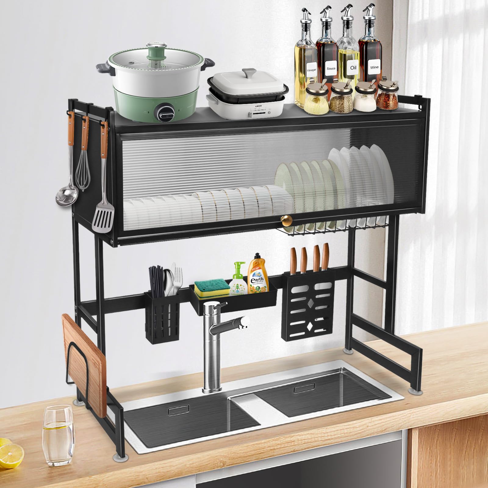 Escurridor de platos de cocina, negro/blanco, escurridor de platos sobre fregadero, multifuncional, acero al carbono (Negro)