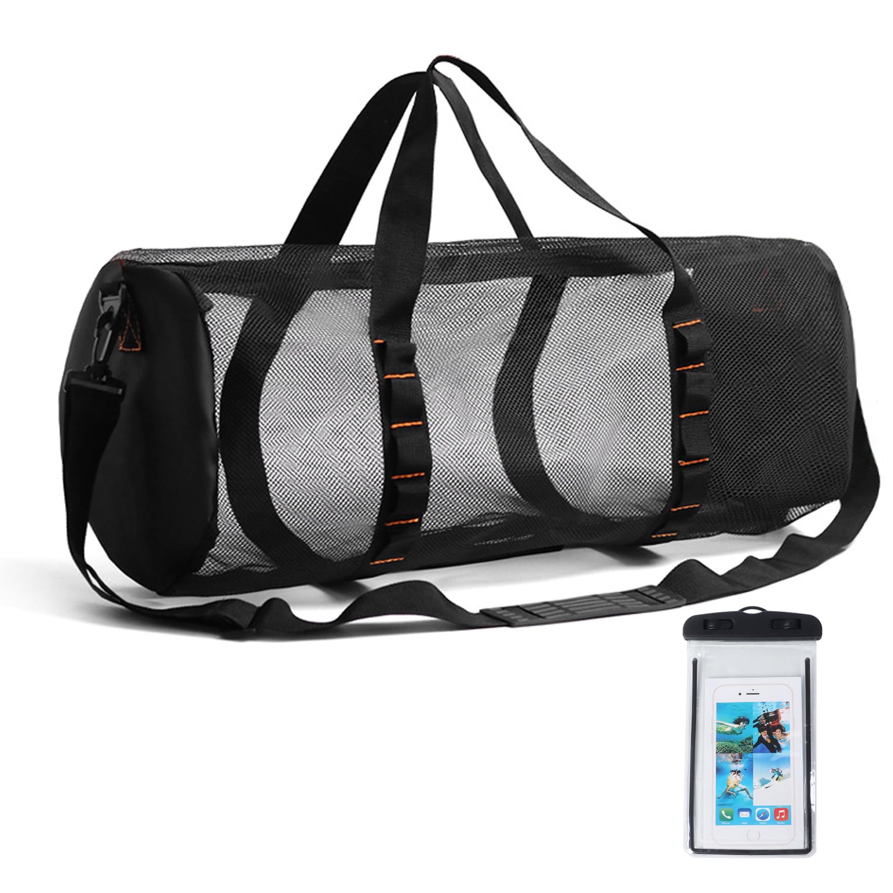 Klmnop Large Mesh Dive Bag, Scuba Gear Bag Duffle Dive Case with Waterproof Phone Pouch and Adjustable Shoulder Strap for Diving Equipment Snorkeling Gear(Black)