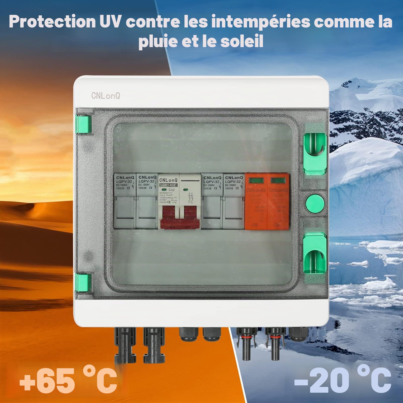 Jadeshay Boîte de Combinaison Photovoltaïque, Boîte de Jonction Solaire avec Disjoncteur 32A Parafoudre DC et Connecteur Solaire, 500V 32A 2 en 1 Sortie pour Système Solaire