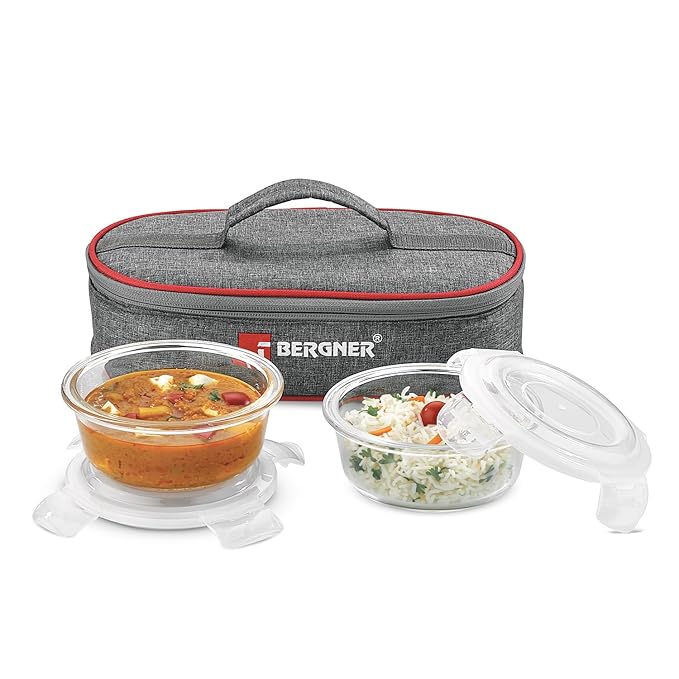 BERGNER Fresh Lunch 2 Pcs Lunch Box Set - Microwave Safe 2 Glass Containers (400ml Each) with BPA Free Lids, Tiffin Boxes with Fabric Bag, Leak Proof, Airtight, Dishwasher Safe - Transparent/Grey