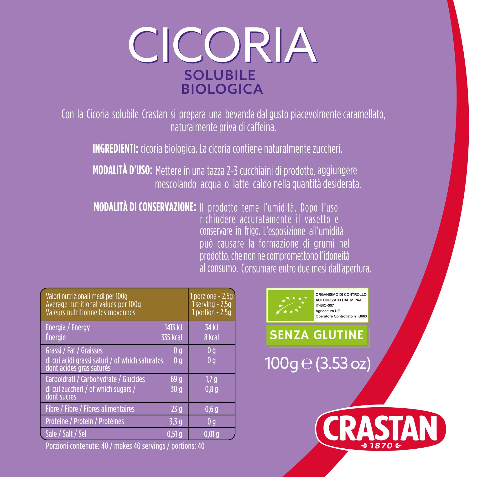 Crastan Cicoria Solubile da Agricoltura Biologica Senza Glutine - 6 vasetti da 100 gr