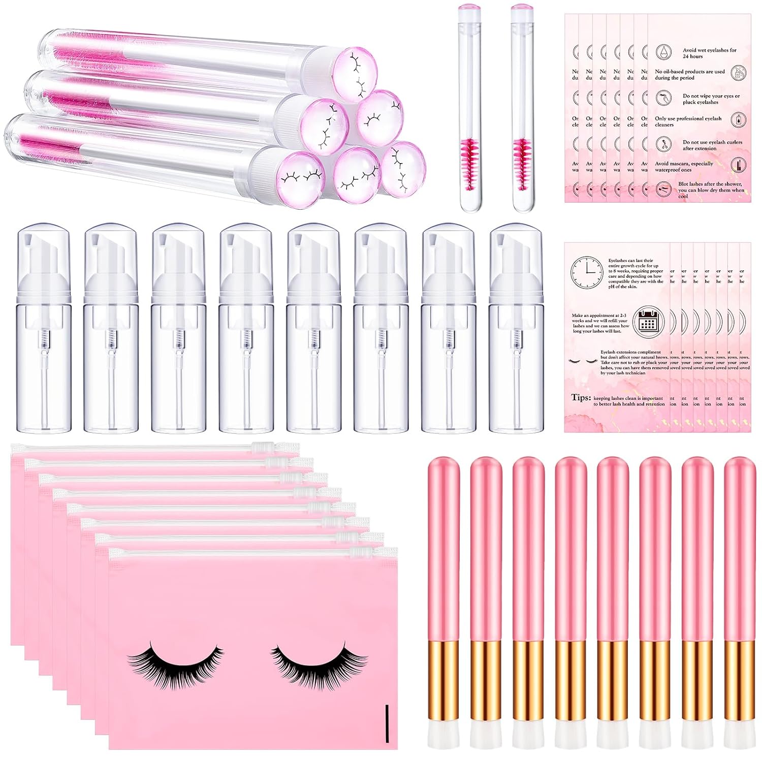 Remerry 40 Pcs Lash Shampoo Brushes Set Eyelash Aftercare Bag Disposable Mascara Tubes Foam Pump Bottle Extension Aftercare Instructions Card Eyelash Accessories for Women Mother (Clear Bag Style)
