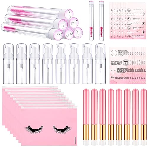 Miniatura 8 de Juego de 8 cepillos para champú de pestañas, bolsa de cuidado posterior para pestañas, tubos de rímel desechables, bomba de espuma, extensión de