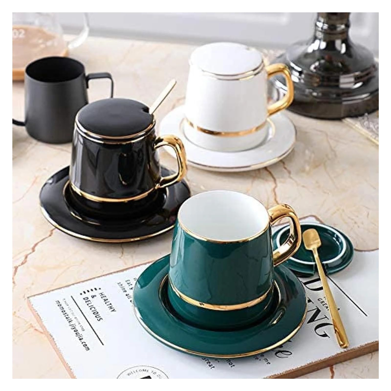 Tasse Mit Deckel Vintage-Design Keramik Kaffeetasse mit Deckel Holzgriff Retro Office Home Wassertasse einfaches Business-Trinken(White)