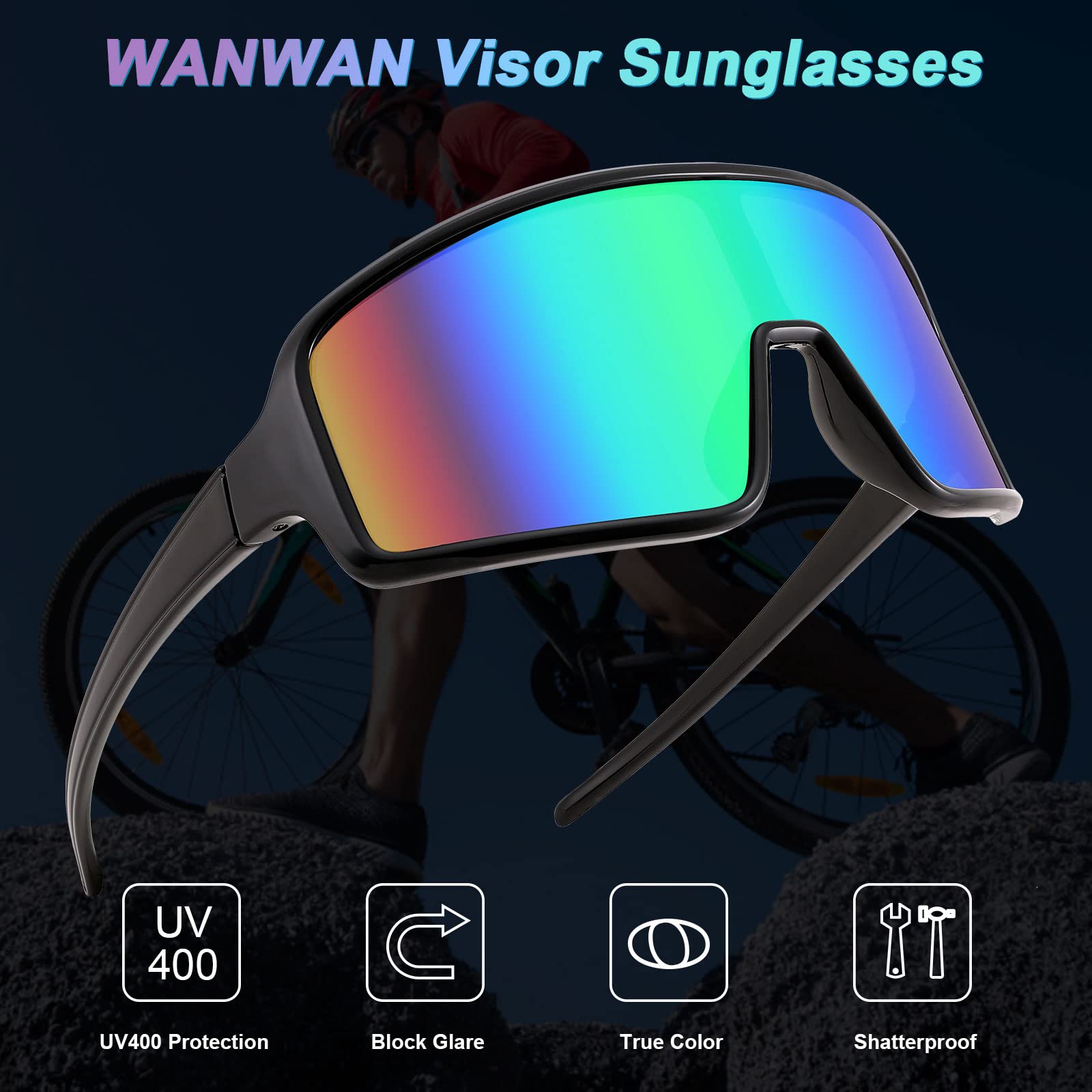 WANWAN Herren-Sonnenbrille mit großem Rahmen, modisch, Radfahren, Sport, Laufen, Fahren, Angeln, Trekking