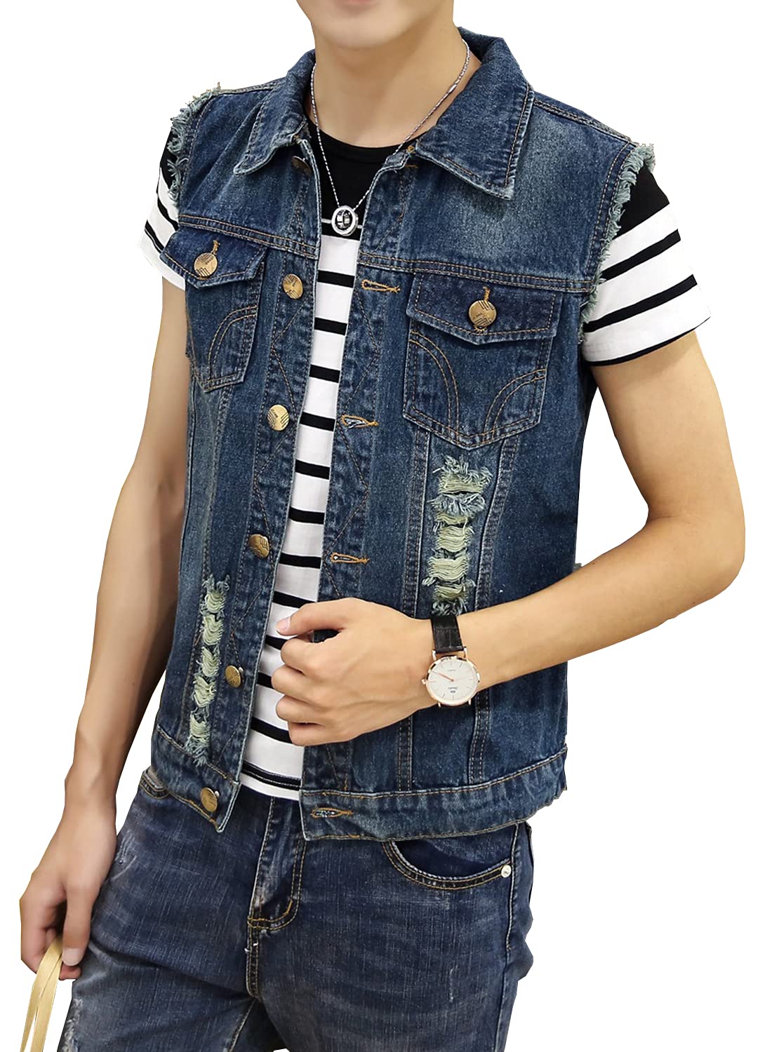 Mens Denim Vest Jacket Sleeveless Trucker Jean Jacket