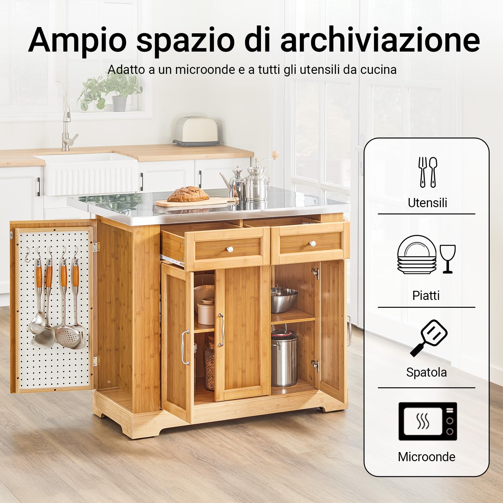SoBuy Isola Cucina su Ruote con Piano di Lavoro Estendibile, Mobiletto Salvaspazio, Carrello da Cucina con Ruote, con Due Cassetti e Ripiano Regolabile Naturale 107x(46–71) x92,5 cm FKW130-N