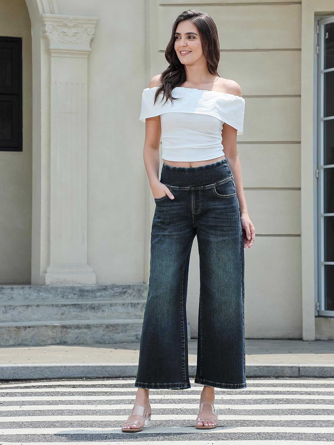 Wide Leg Capri Jeans for Women, Pull on High Waisted Trendy Stretchy Straight Leg Baggy Cropped Tummy Control Jeans - Image 3