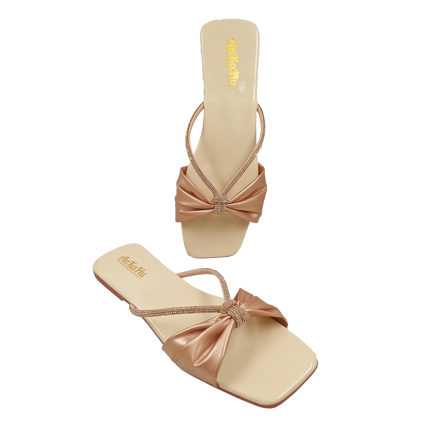 AnKaHu flats for women stylish model fashion Embellished Open Toe Flats casual daily use Beige cream white Golden Sultan rainbow square toe ladies chappal footwear