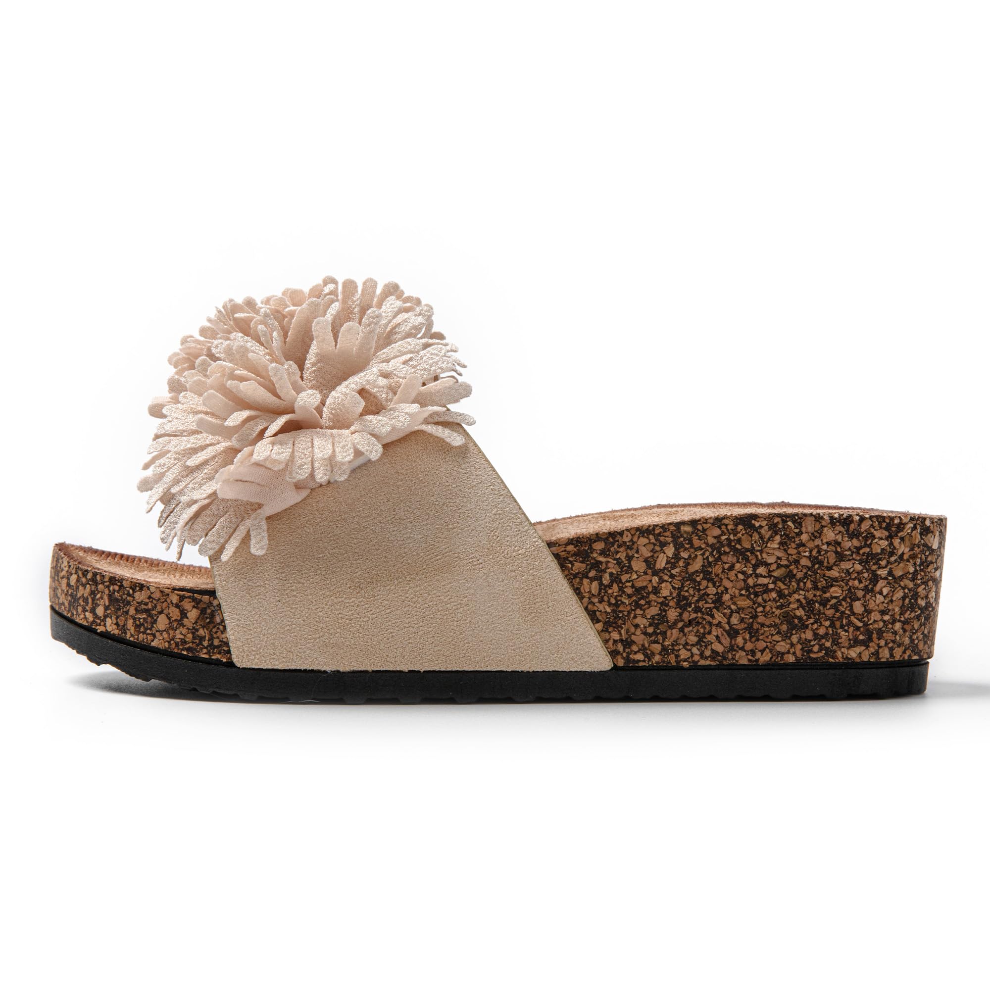 JOMIX Pantoletten Damen Sommer Sandalen mit Kork Fußbett Elegant Flach Strandsandalen Weiche Blumen Wandern Meer Strand Slipper