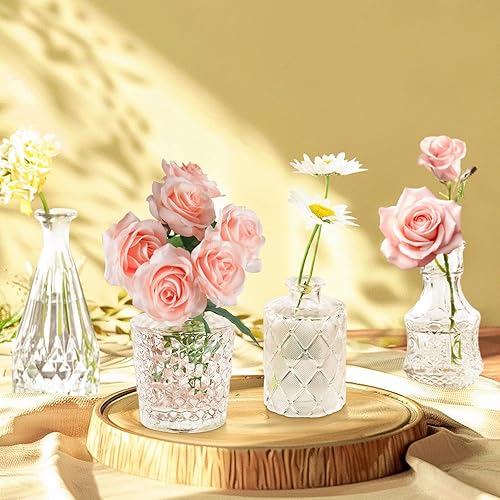 Miniatura 3 de Juego de 12 jarrones de cristal, pequeños jarrones vintage para flores, mini vasos de cristal transparente a granel, diseño de flores pequeñas para