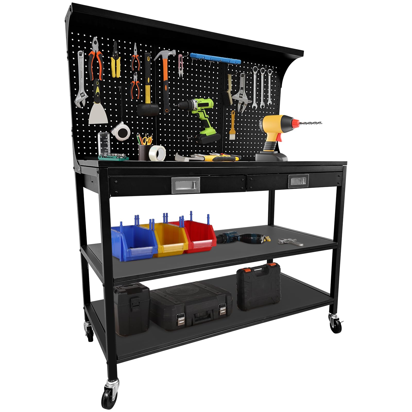 Mobile Metal Workbench with Pegboard, Heavy Duty Work Bench with 3-Tier Shelves, Drawers and Cold-Rolled Steel Surface, Rust Resistant Construction and Organizer Pegboard, for Garage, Workshop