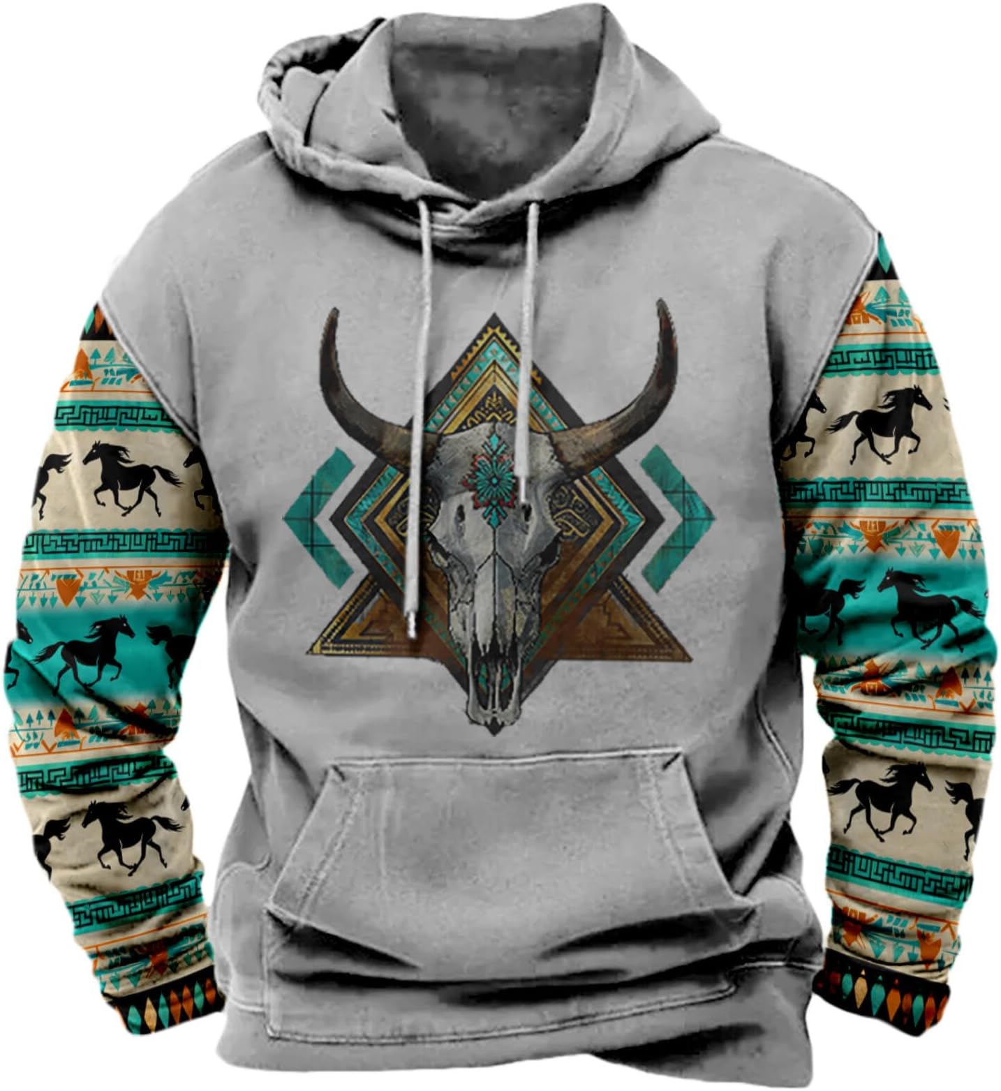 - Aztec Hoodies for Men Oversized Long Sleeve Pullover Mens Drawstring Vintage Graphic Western Cowboy Jackets Fall Winter Country Hoodies with Kangaroo Pocket E-Cow Skul Grey XL