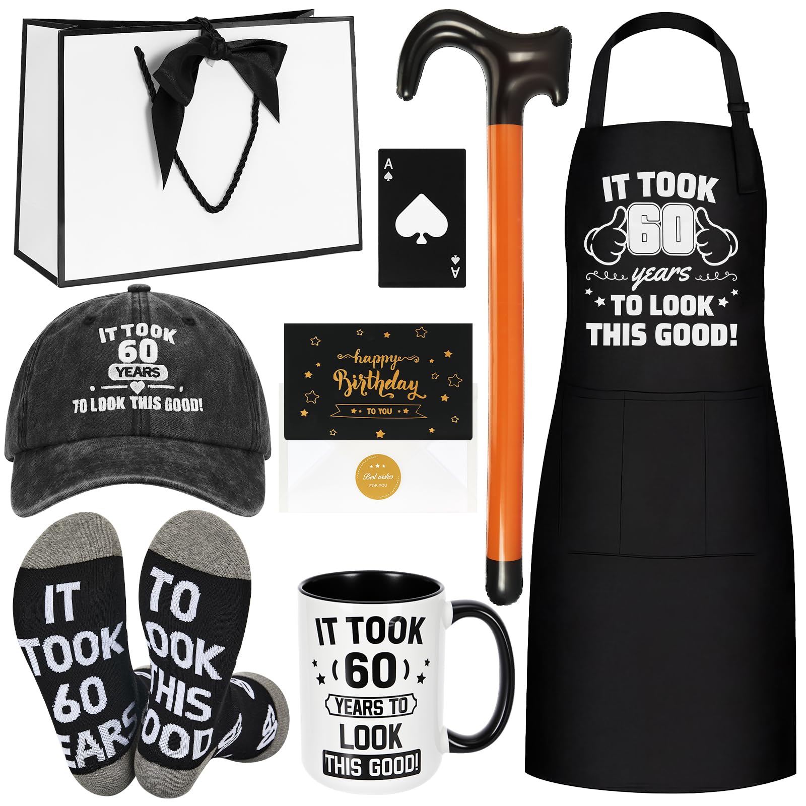 Iyxeo 60th Birthday Gifts for Men Fathers Day- Unique Birthday Box with 20 Oz Tumbler, Baseball Cap,Socks, Badge and Cooking Apron for Dad, Husband, Grandpa, Friends, Boss