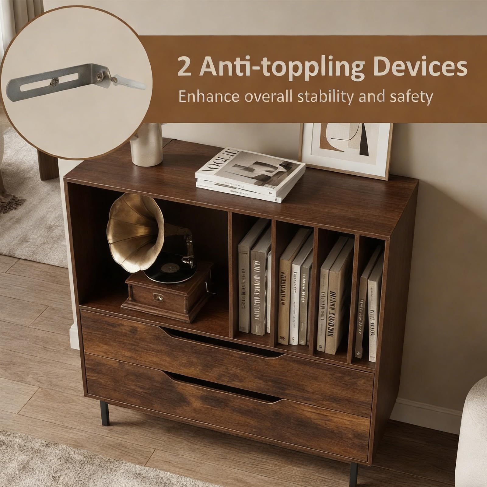 KOMFOTTEU Supporto per Giradischi con Scomparto Aperto e 2 Cassetti, Mobile Vinili con Gambe in Metallo, Espositore per Dischi per Camera da Letto, Soggiorno, Studio (Marrone)