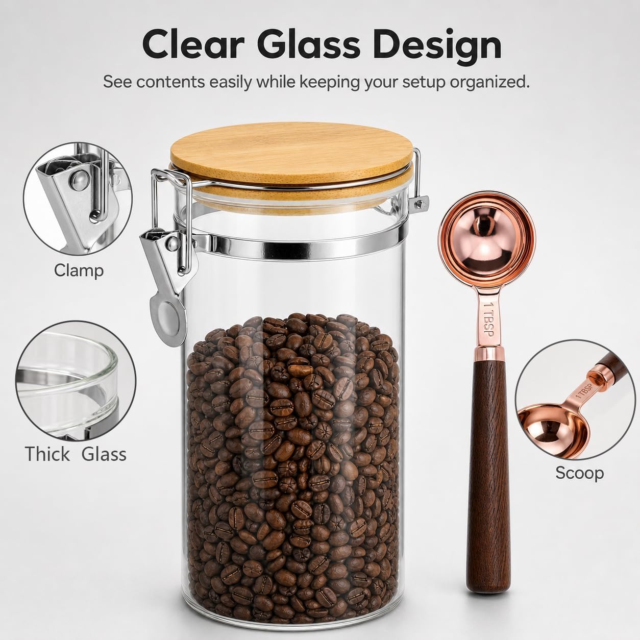 QWORK 40 oz Glass Coffee Airtight Canister with 1 TBSP Spoon – 1200ml Borosilicate Jar for Whole Beans & Grounds – Kitchen Storage for Coffee Bar