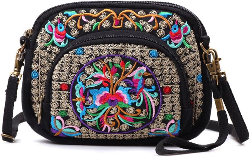 Goodhan Flowers Embroidery Canvas Crossbody Bag, Women Messenger Bag, Cellphone Pouch Purse
