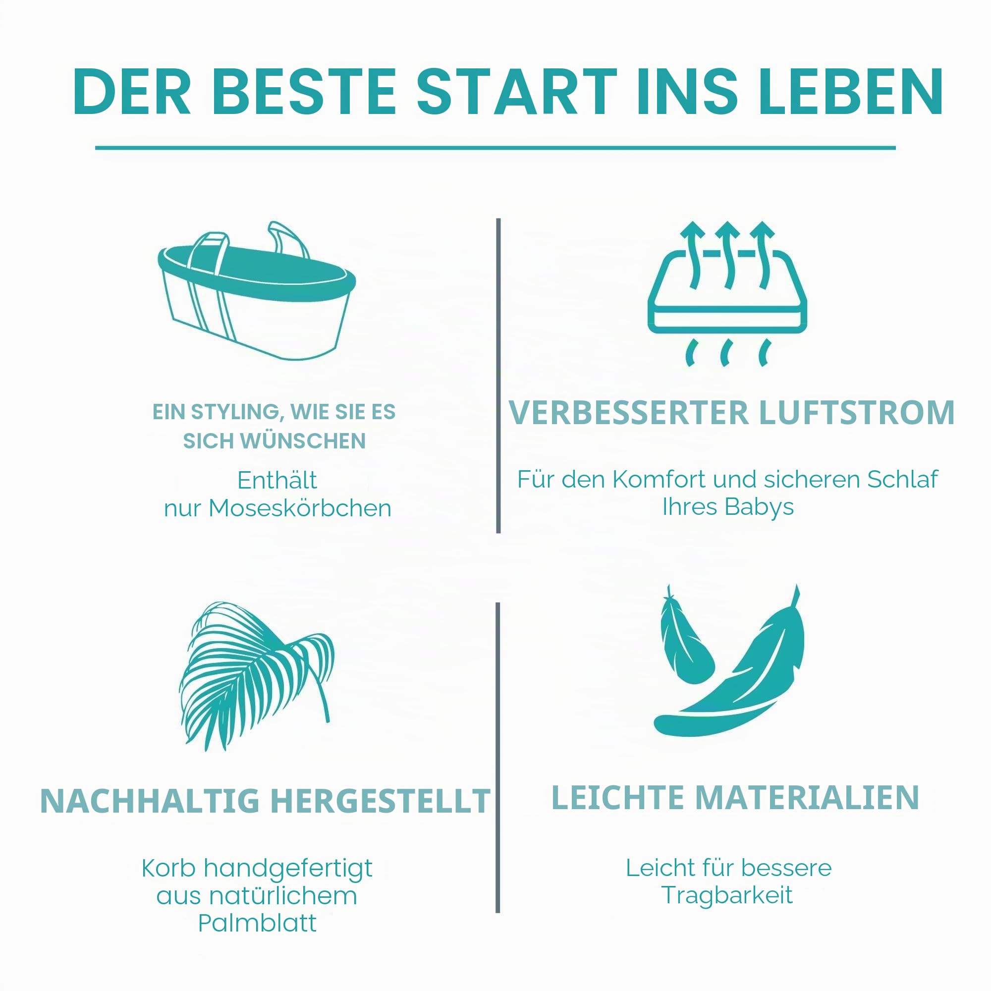Clair de Lune Moseskorb aus natürlicher Palme, handgewebt und atmungsaktiv, für Neugeborene, geeignet ab der Geburt, natürliches 100% organisches Palmengewebe, Premium-Baby-Stubenwagen, 75 x 28 x 24