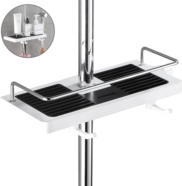 DUFU Bathroom Shelf, Shower Caddy No Drilling Shower Pole Shelf Bath Organiser with Buckle and Shower Head Hook Rustproof Storage Rack for 22mm-25mm Shower Rail Silver