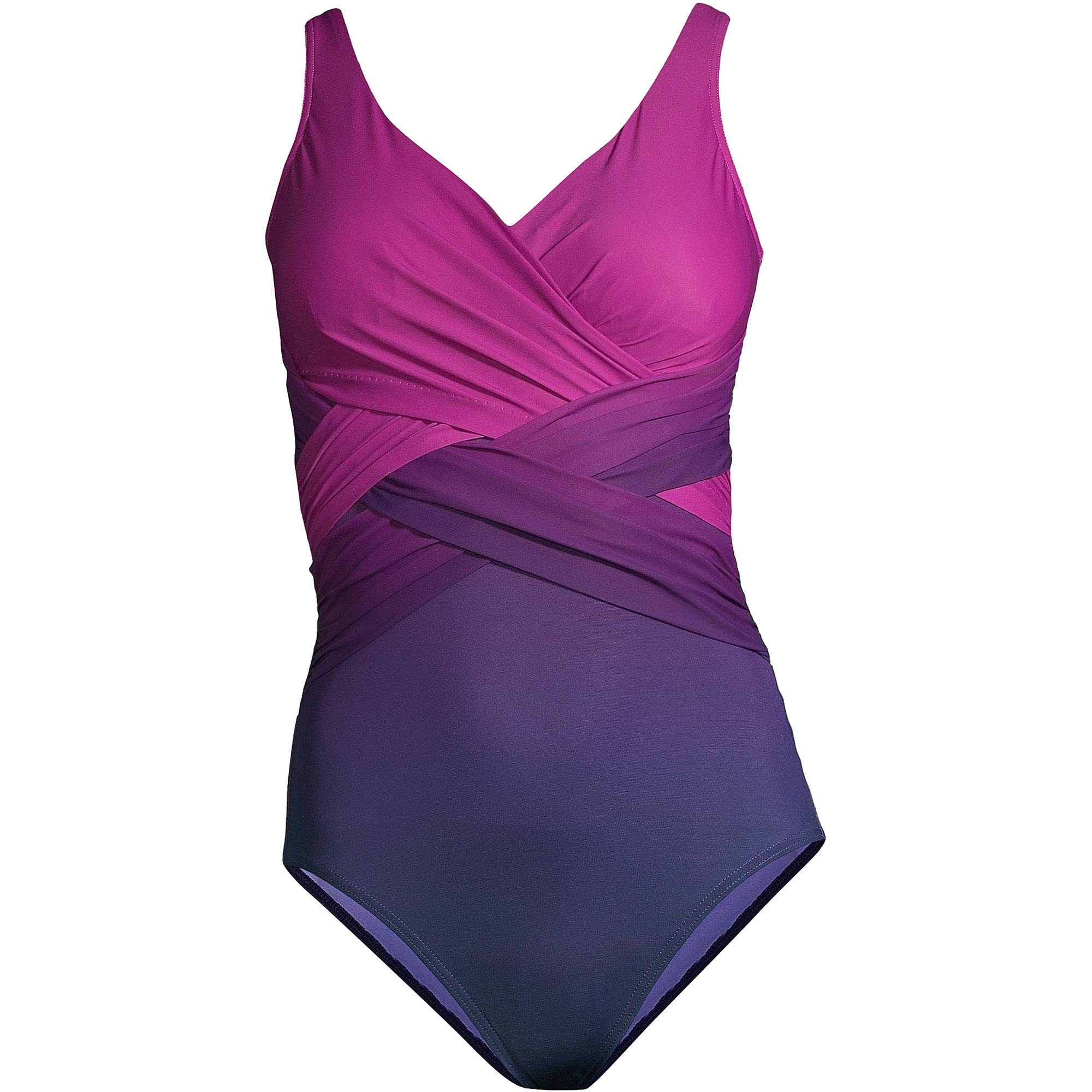 P14)) Lands' End Womens Slender Wrap One Piece Swimsuit Violet Rose/Navy Ombre Regular 14