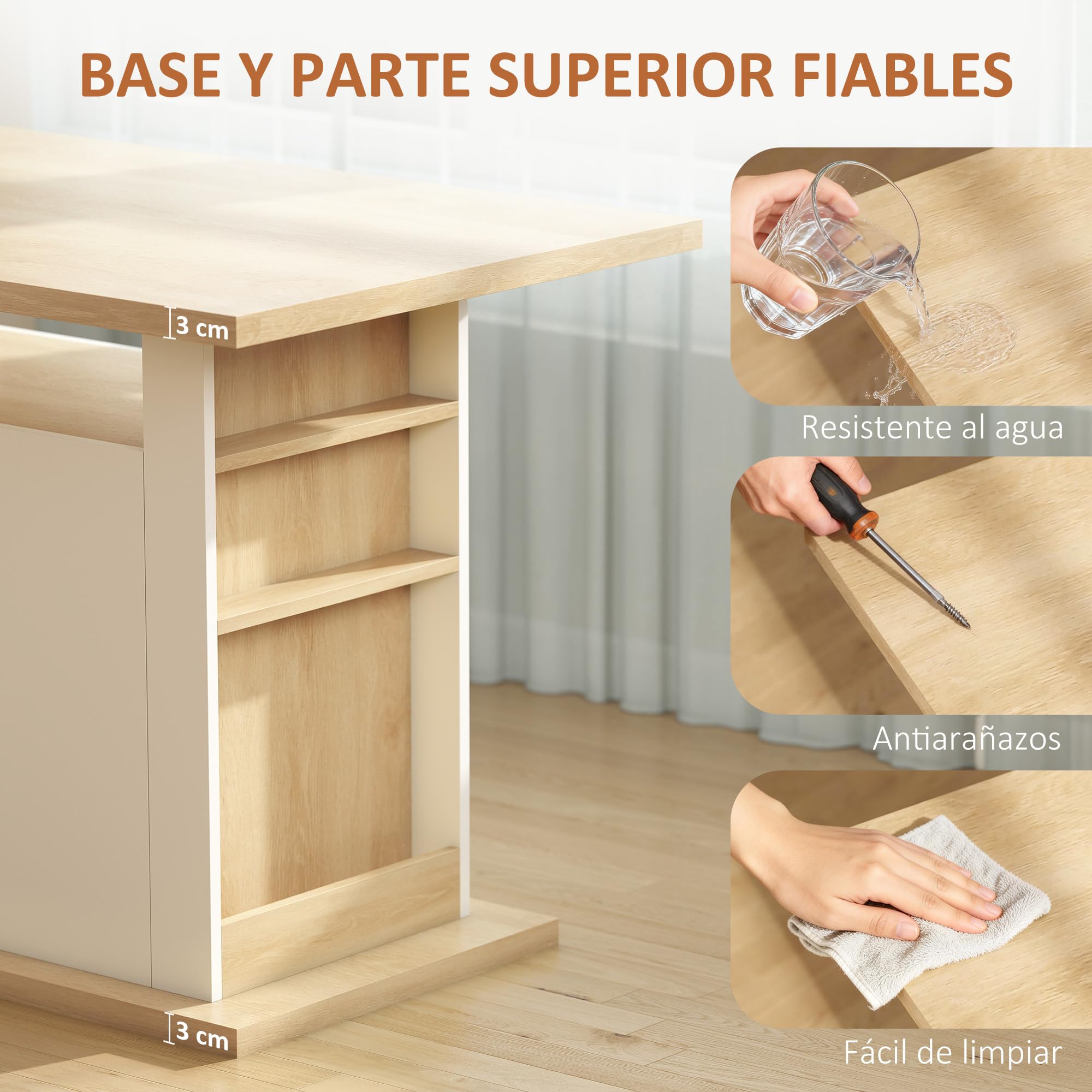 HOMCOM Isla de Cocina, para 4 Personas, Mueble de Cocina Multifuncional, Mesa de Comedor con 4 Puertas, Compartimentos Abiertos, Estante Ajustable, 110x70x75,5 cm, Roble y Blanco