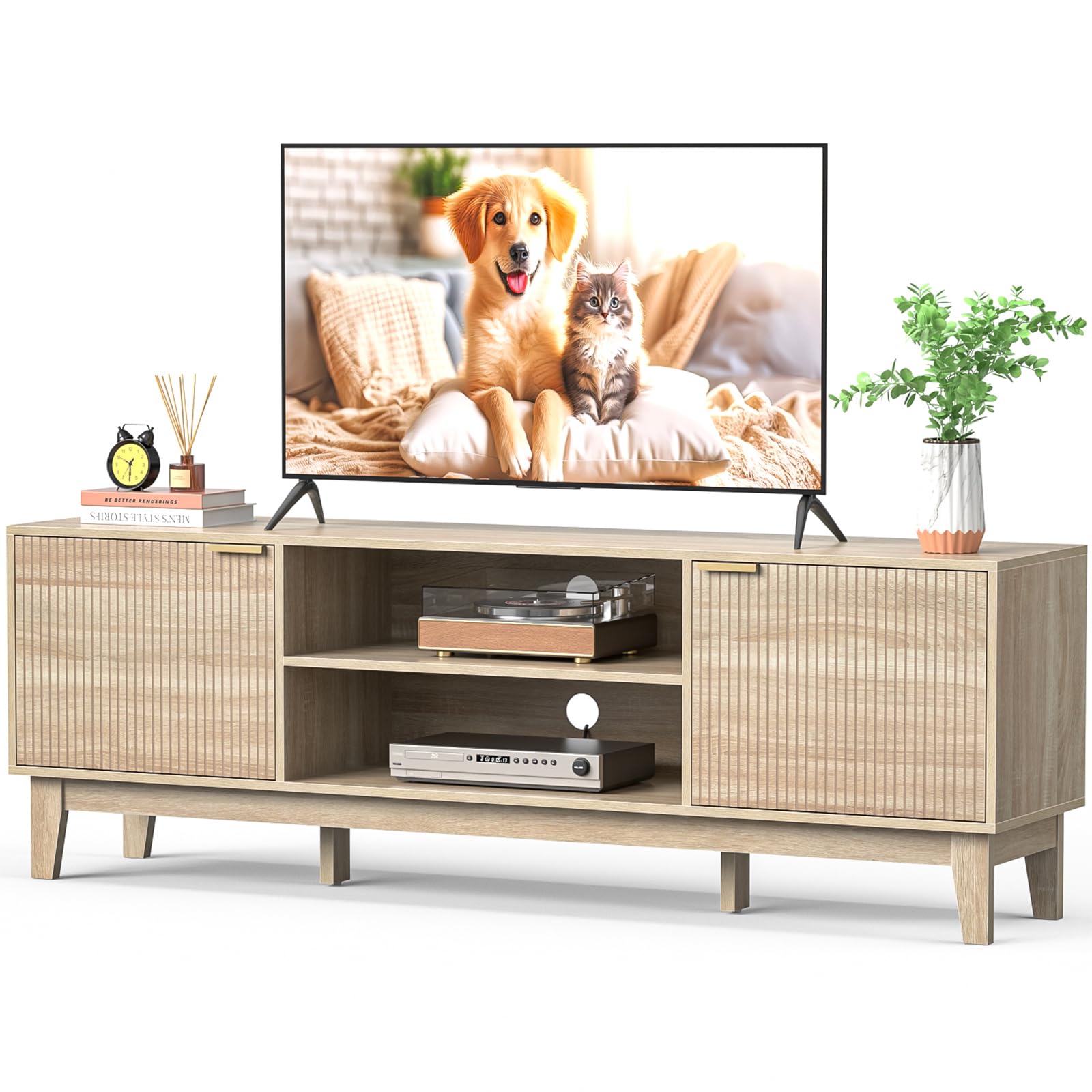 Skokliz TV Unit, 178cm Fluted TV Stand Cabinet, Mid-Century Modern TV Console for TVs up to 80 inch, Farmhouse TV Cabinets with 2 Storage, Media Console Table for Living Room, Oak