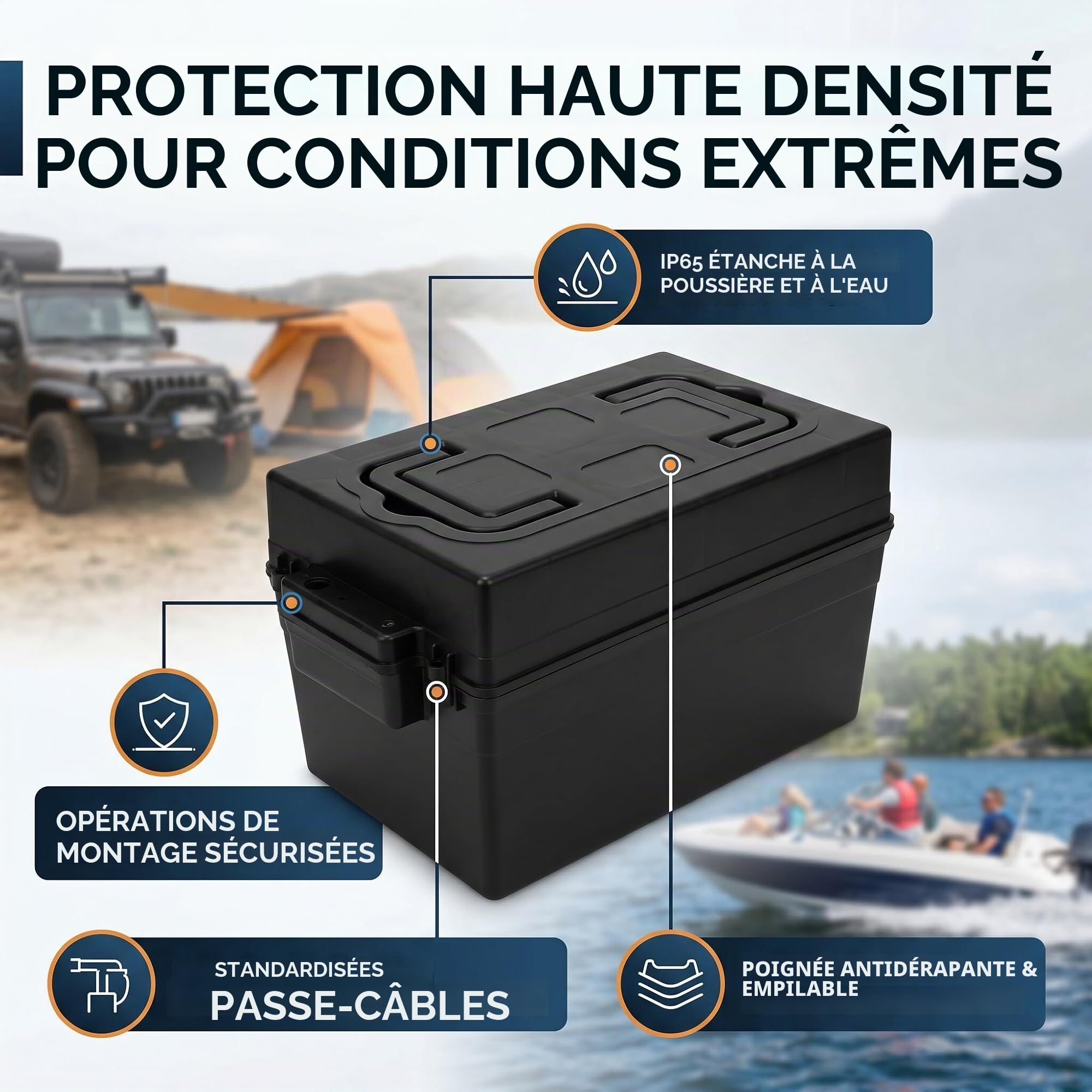 Boîte de Batterie Bateau, 12V Rangement de Batterie Voiture 19 x 19 x 31cm