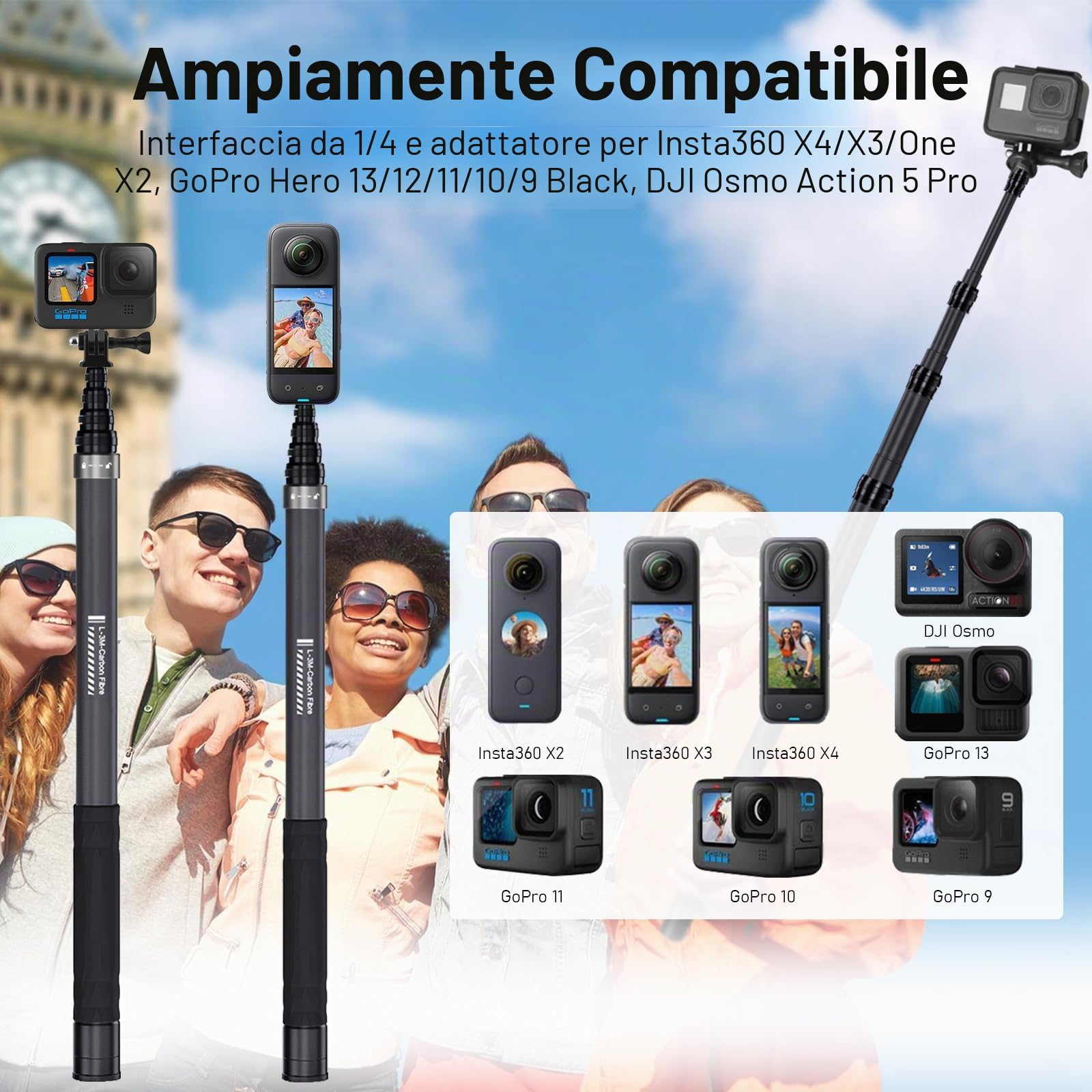 Wiseten 3M/300CM Bastone per Selfie in Fibra di Carbonio er Insta 360 X5 X4 X3 DJI Osmo Pocket 3/4, Ultra Lungo Invisibile Selfie Stick Monopiede Asta con Adattatore per GoPro Hero 13 12 11 10 Black