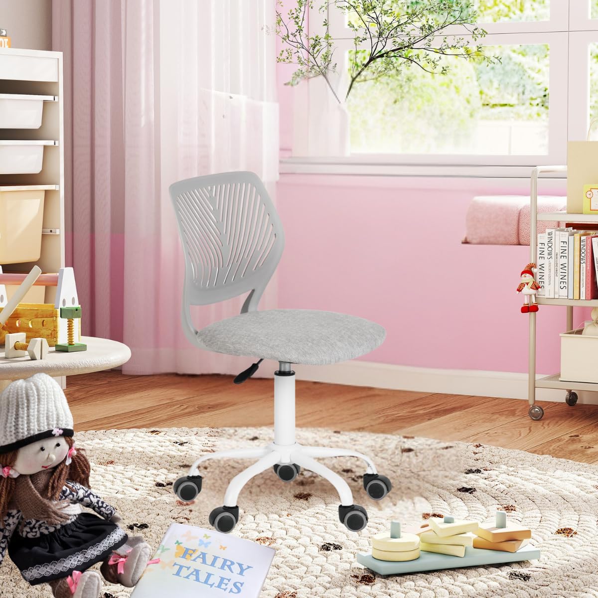 FurnitureR Silla de Escritorio para niños, Silla giratoria de Altura Ajustable con diseño de Respaldo de Agujero pequeño, Adecuada para Dormitorio de niños o Sala de Estudio, Gris molandi, 38 x 39 x