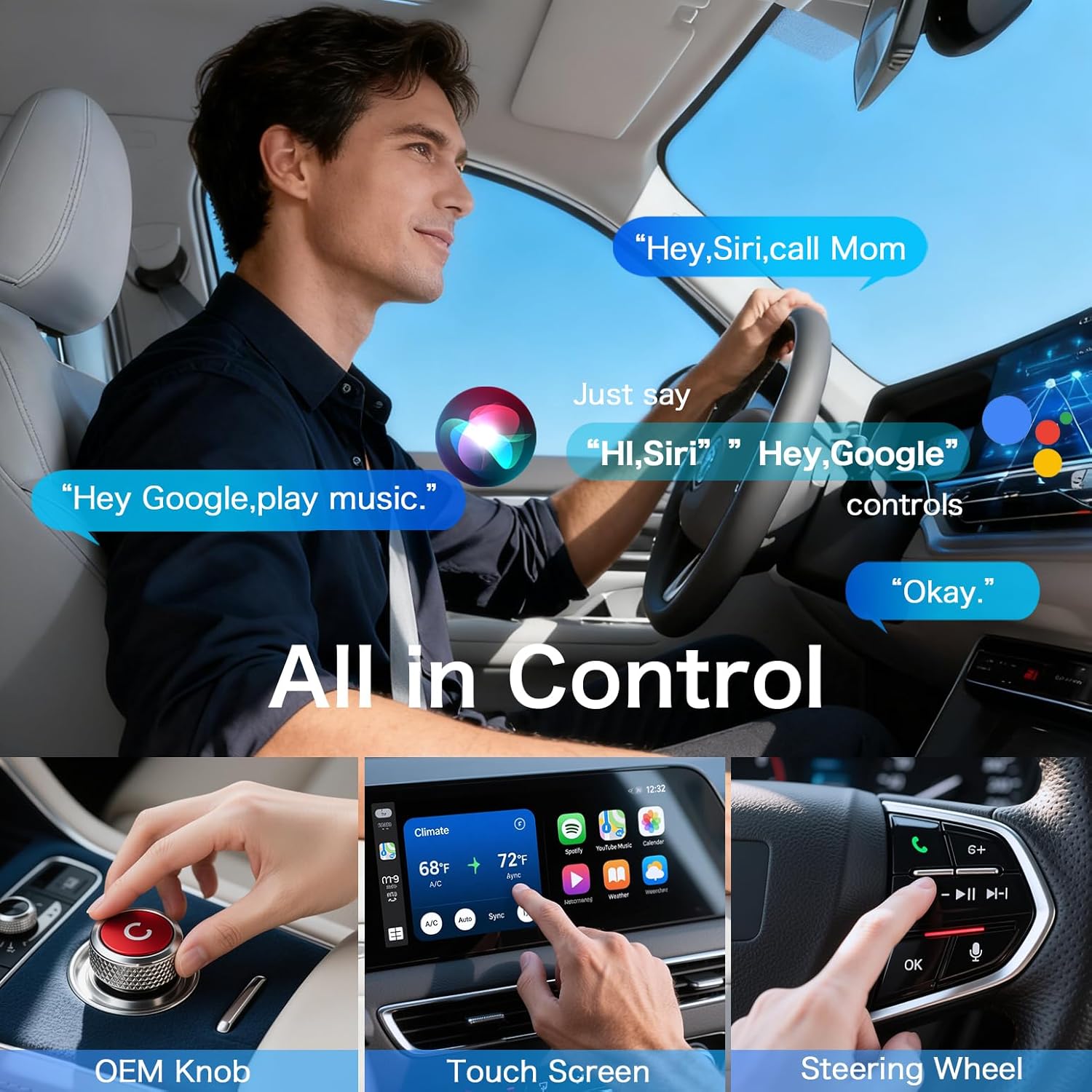 Driver interacting with car controls for voice commands, OEM knob, touchscreen, and steering wheel buttons.