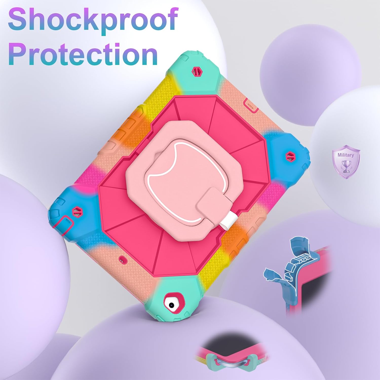 Auizotl Case for iPad 9th/8th/7th Generation 10.2 Inch iPad Case 9th Generation with Screen Protector/Rotate Stand/Pen Holder, Heavy Duty Shockproof i Pad 9th/8th/7th Cases,Colorful Pink image 3