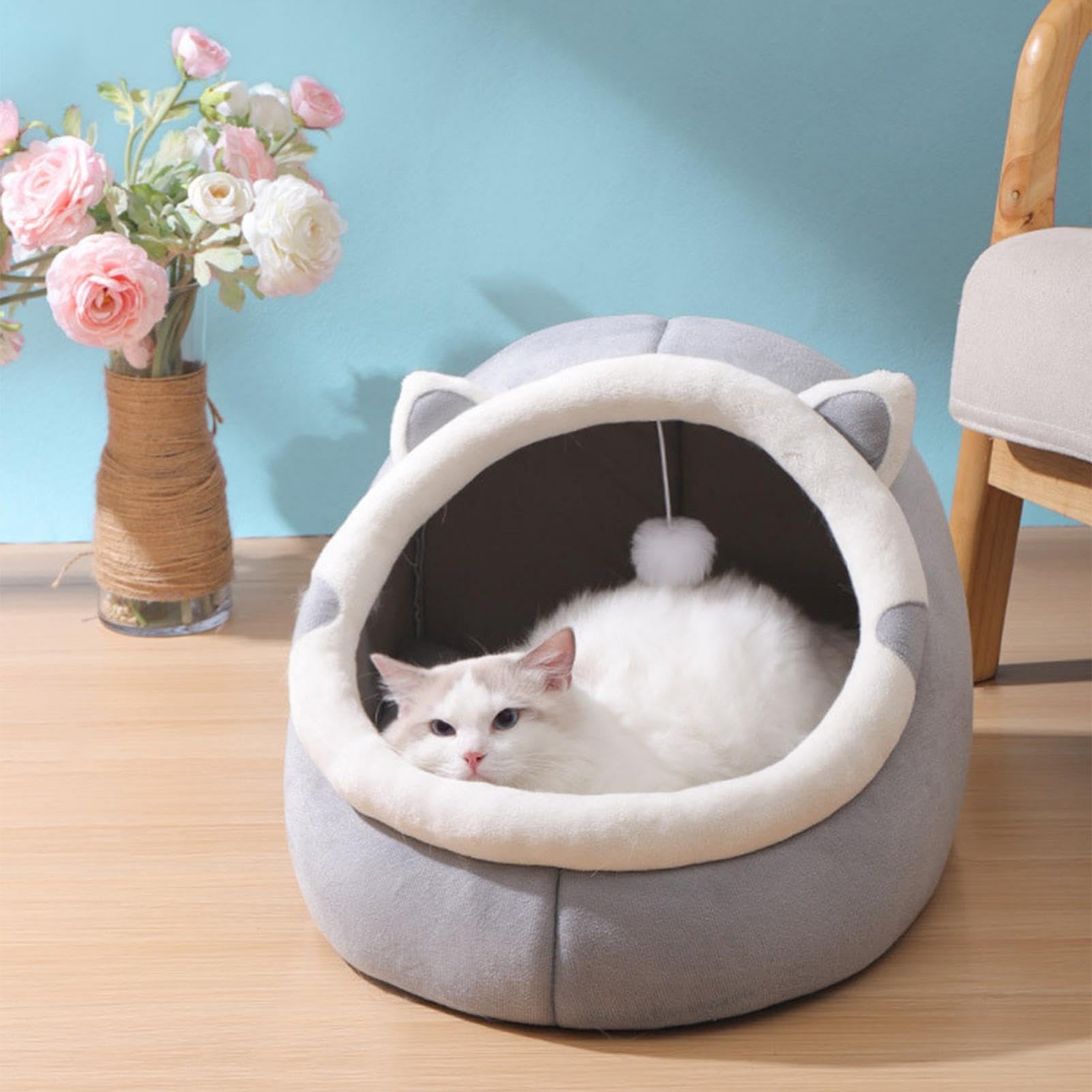 Cueva Cama Para Gatos Con Orejas Y Bola De Piel - Cojín Extraíble Antideslizante - Tamaños S M L