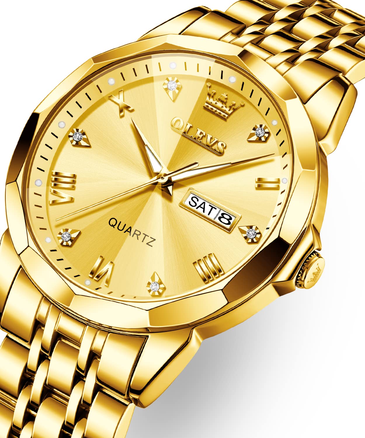 OLEVS Gold Watches for Men Diamond Business Dress Analog Quartz Stainless Steel Date Luxury Casual Fashion Wrist Watch Waterproof Luminous