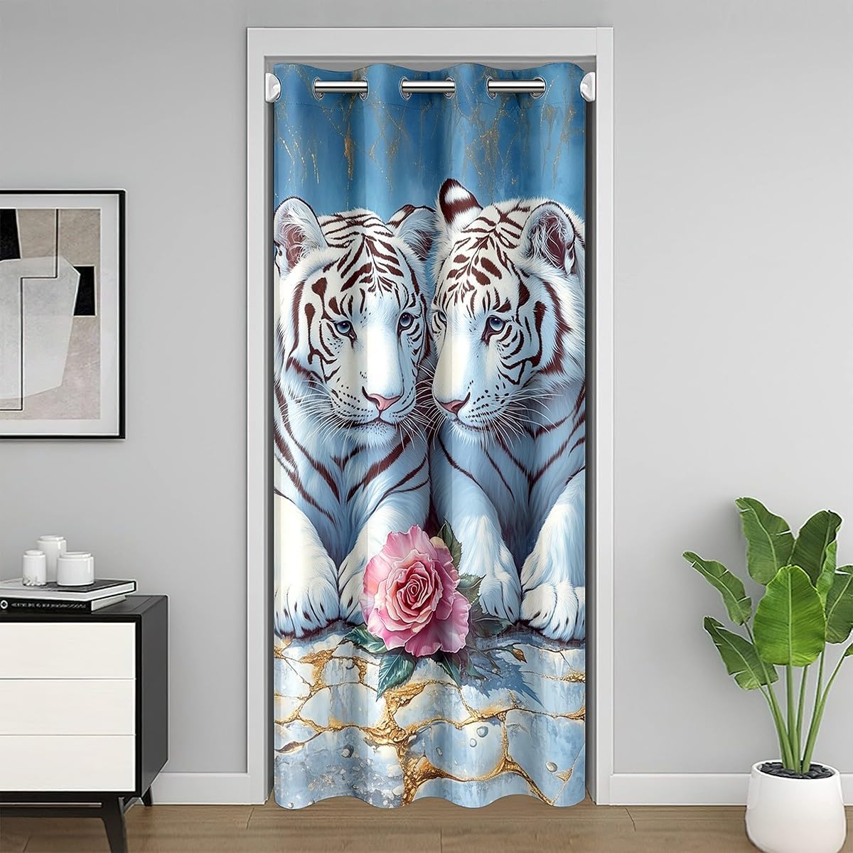 White Tiger Door Curtain 1 Panel 52" W X 84" L Wildlife Animal Couple Doorway Curtain Bedroom Decor Pink Floral Golden Marbling Print All Season Blackout Curtain for Hallway