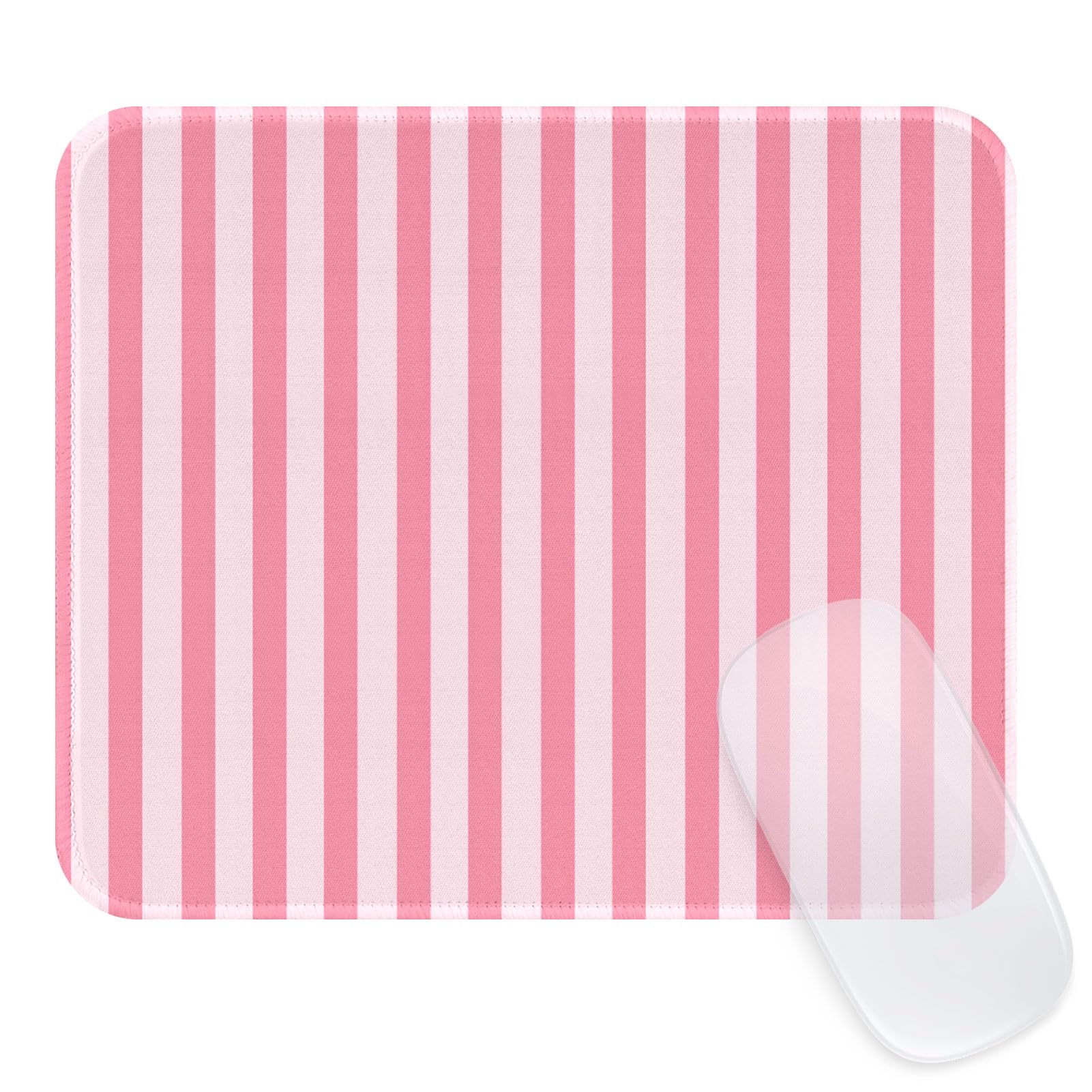 Square Cute Striped Mouse Pad with Stitched Edge, Premium Waterproof Cloth Aesthetic Small Mouse Mat, Non-Slip Rubber Base Simple Funny Mousepad Desk Accessories,Rose Pink