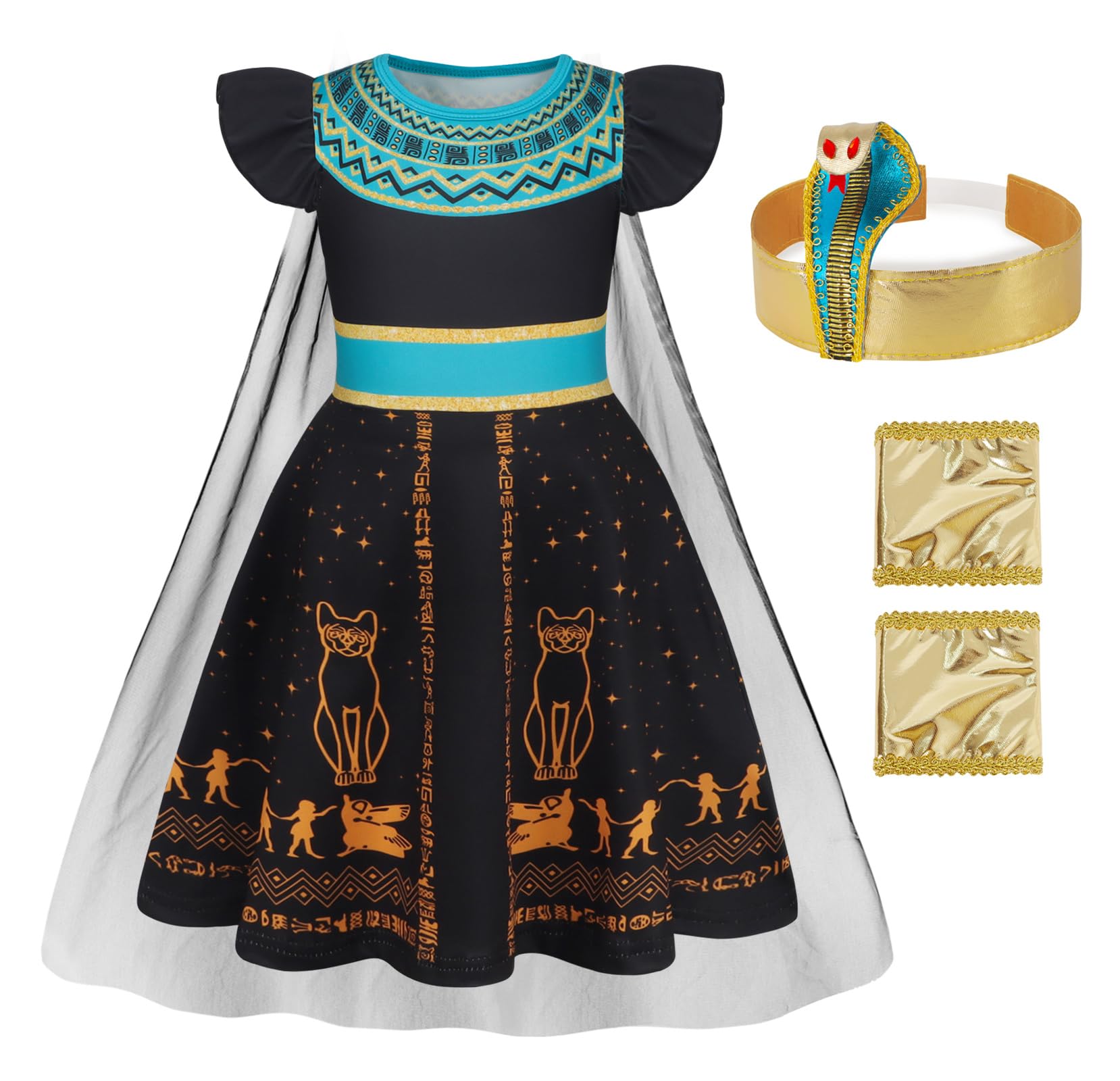 Jurebecia Kids Egyptian Dress Up Costume for Girls Ruffle Sleeve Dresses Egyptian Queen Costumes with Accessories Black 3-4 Years