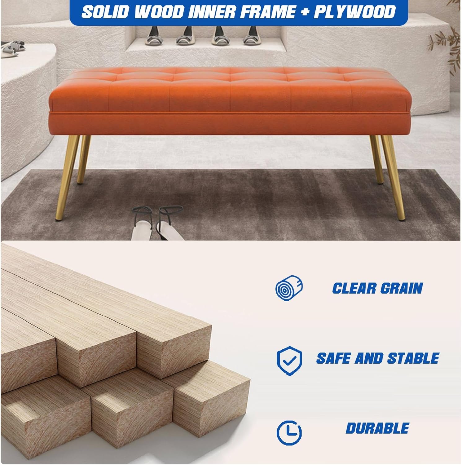 Shoe Rack Bench with PU Leather Cushion, Shoe Storage Bench for Entryway, End of Bed Bench with Gold Metal Legs and Padded Seat for Hallway, Living Room, Bedroom, Foyer(Brown,39.3in)