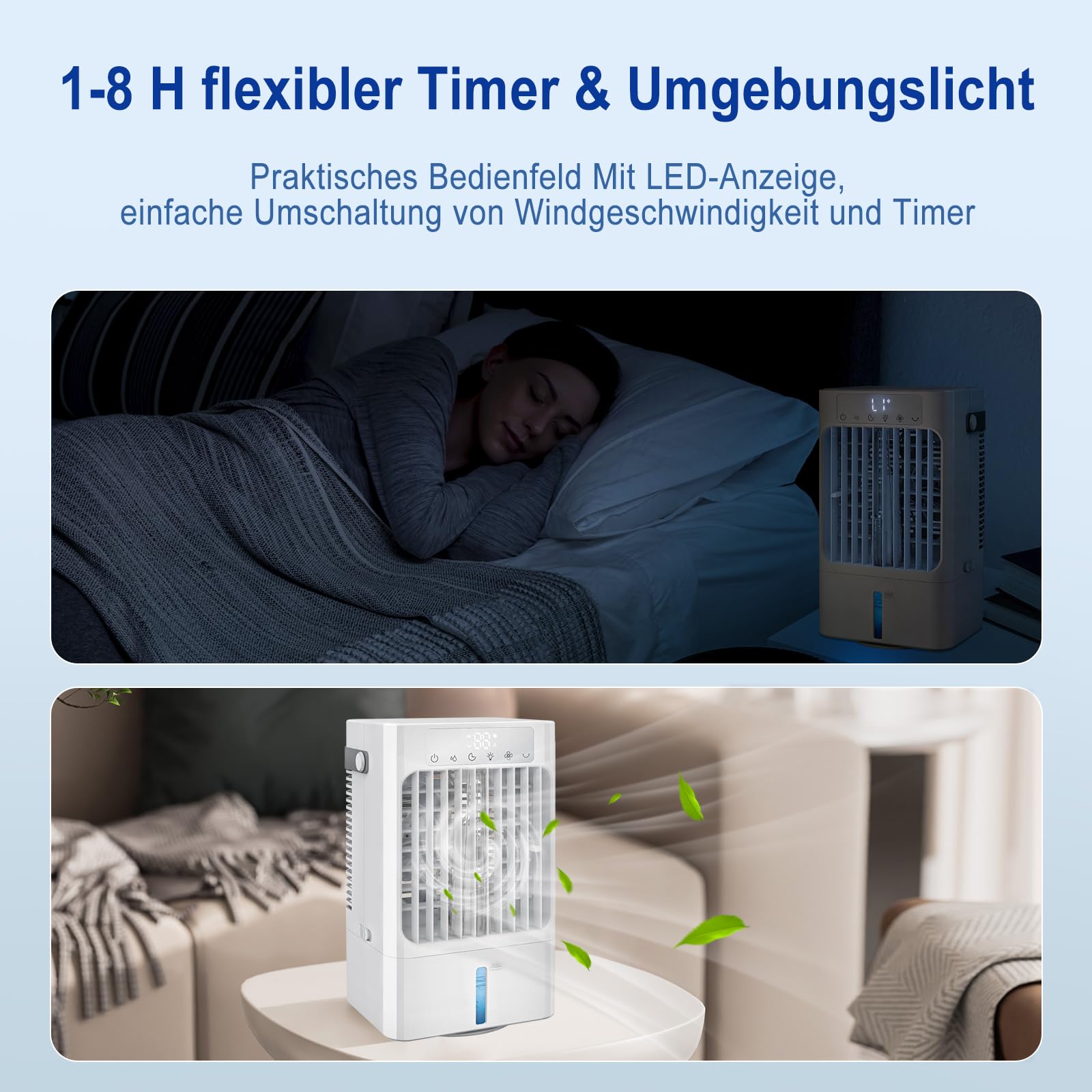 Mobile Klimaanlage Klein, Leise Luftkühler mit Wasserkühlung,3 in 1 Tischventilator für zuhause und büro,Tragbare Air cooler fan mit 900ML wassertank, Klimagerät AC-1-8H Timer