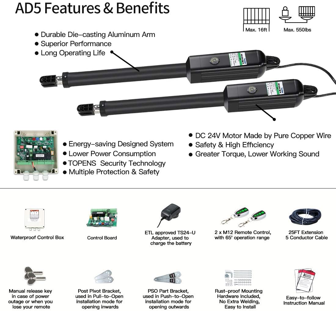Buy TOPENS AD5 Automatic Gate Opener Kit Medium Duty Dual Gate Operator